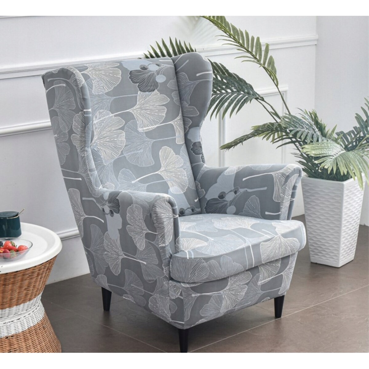 POKROWIEC NA FOTEL USZAK SZARY LIŚCIE WZORY ELASTYCZNY [22EW8]