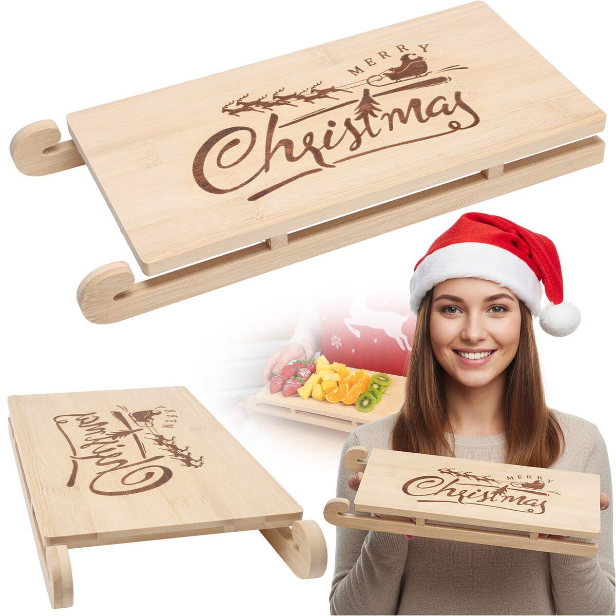 Deska Do Serwowania Świąteczna Na Boże Narodzenie Bambusowa Sanie Mikołaja