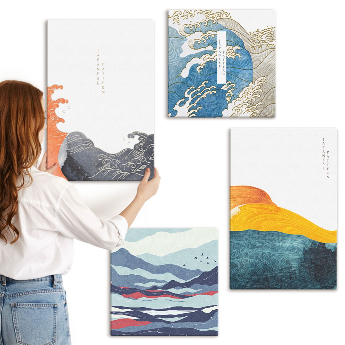 Zestaw 4 obrazów na płótnie - Fale sztuka japońska grafika - niebieski