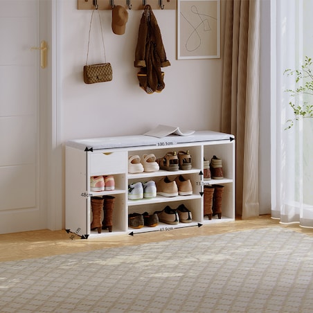Szafka na buty z szarym siedziskiem loft biała ławka przedpokój nowoczesna