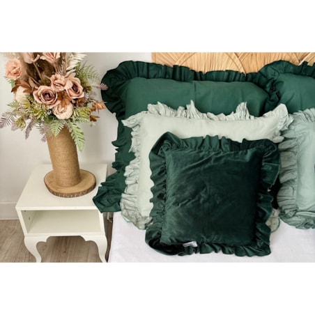 Pościel Bawełniana Z Falbanką Zestaw Komplet Do Sypialni Kołdra + 6 Poduszek 220X200 Cm Butelkowa Zieleń Boho