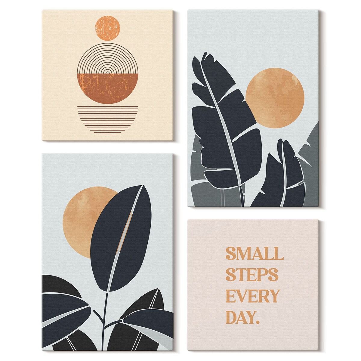 Zestaw 4 obrazów na płótnie - Roślinne wzory duże słońca minimalistyczne - pomarańczowy
