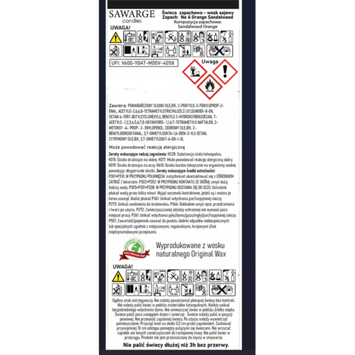 Świeca Zapachowa Sojowa No4 / 50h/Pomarańcza Drzewo Sandałowe 450g