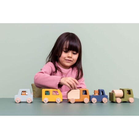 Zestaw drewnianych samochodów budowlanych ze zwierzątkami - Trixie Baby