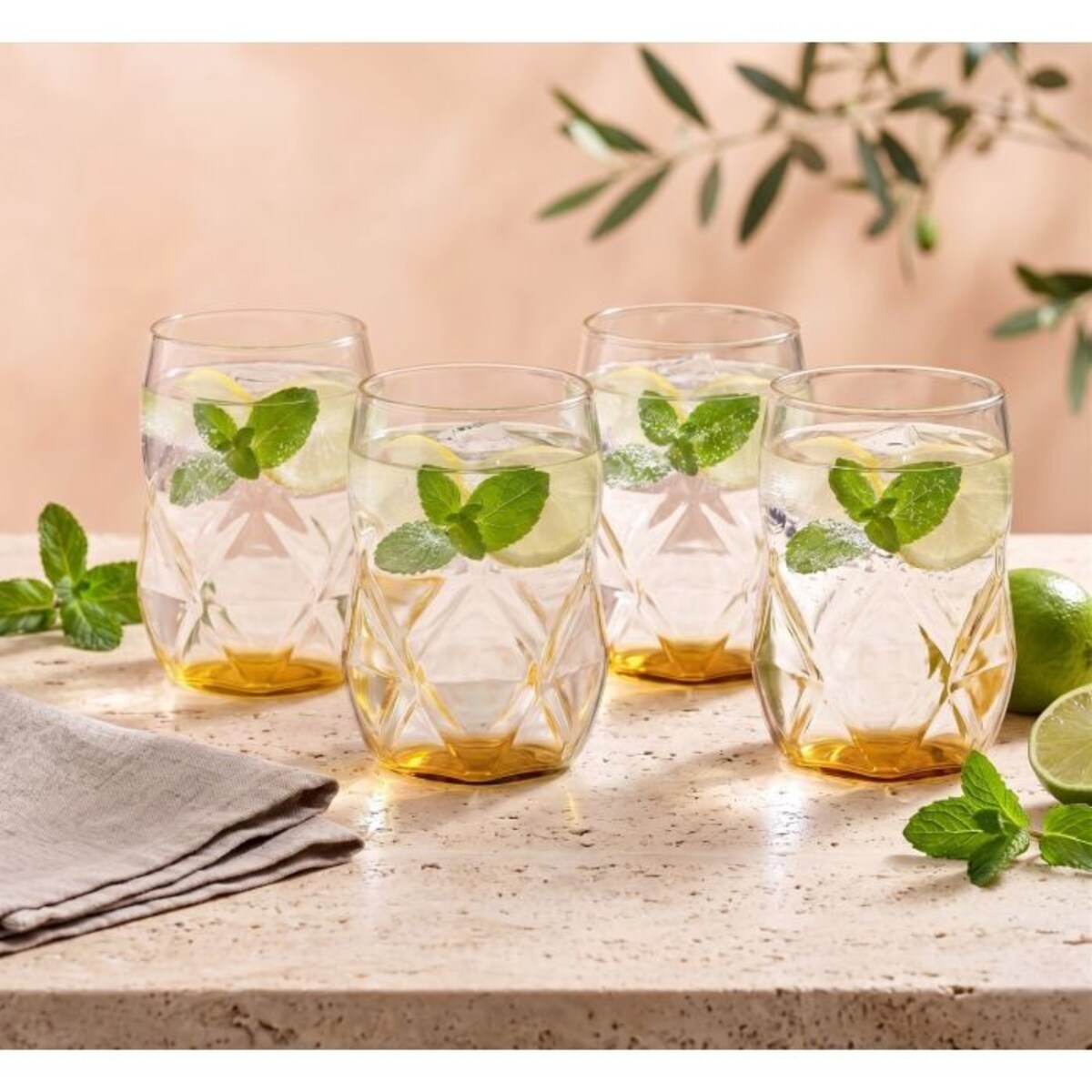 Komplet 4 szklanek z żółtym dnem 450 ml Geo Fondo Yellow 32170