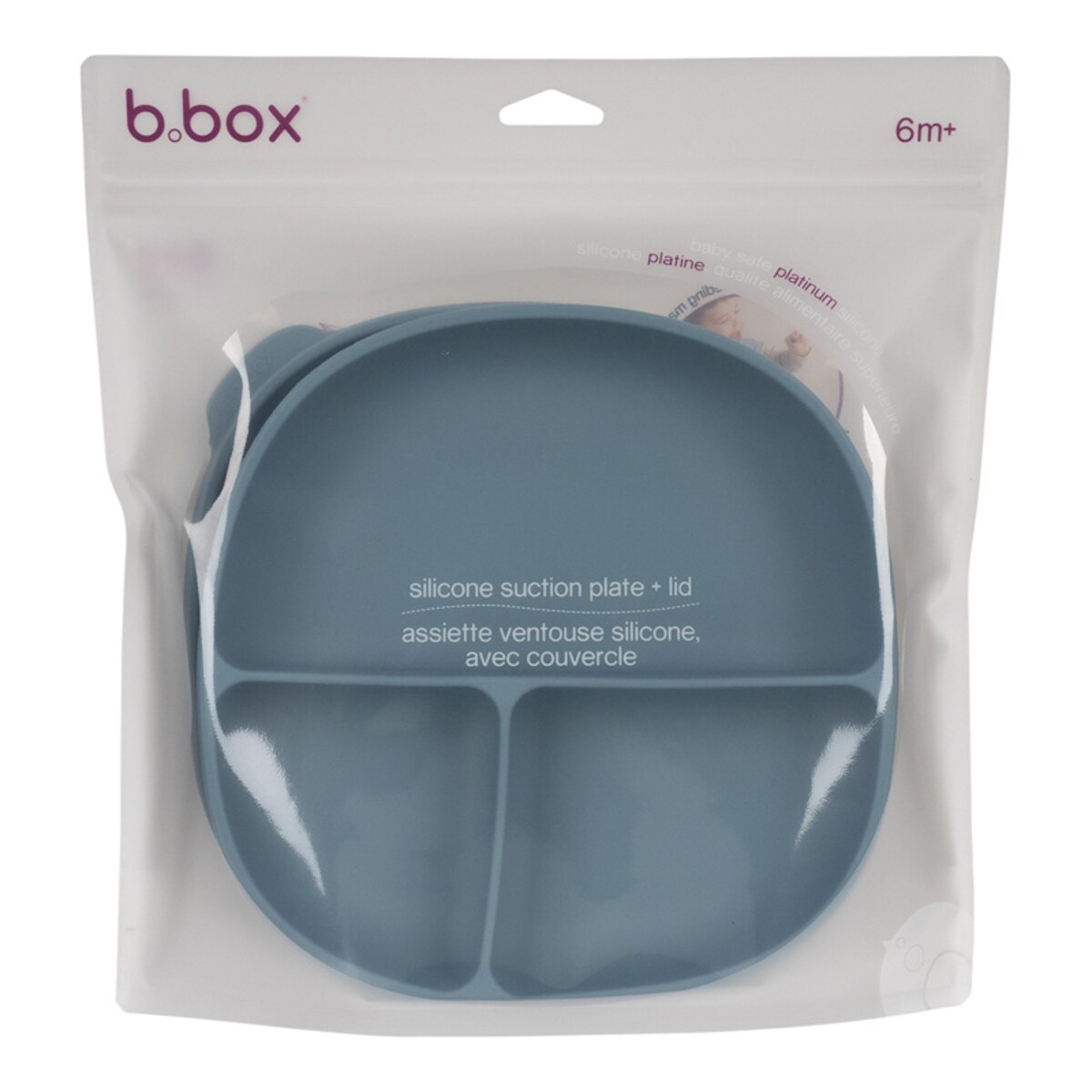 Talerzyk trójdzielny z przyssawką i przykrywką dla dzieci 6m+ silikonowy błękitny b.box