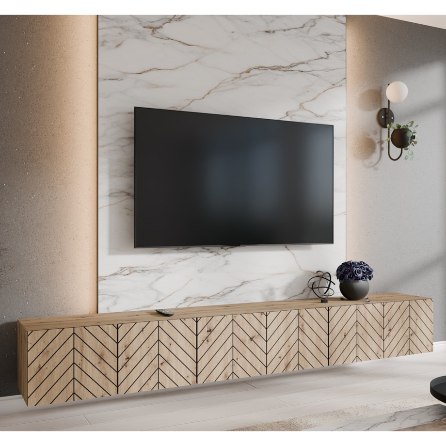 Szafka RTV IGO 300 cm,zamknięta pod telewizor do salonu, jodełka -artisan