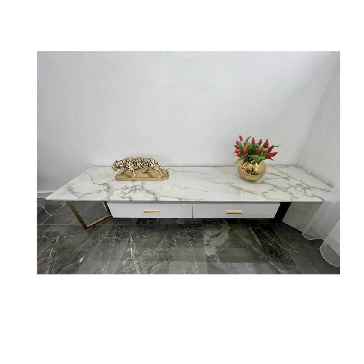 Szafka RTV złota Italiano Glamour Premium z blatem marmurowym 200x45x42