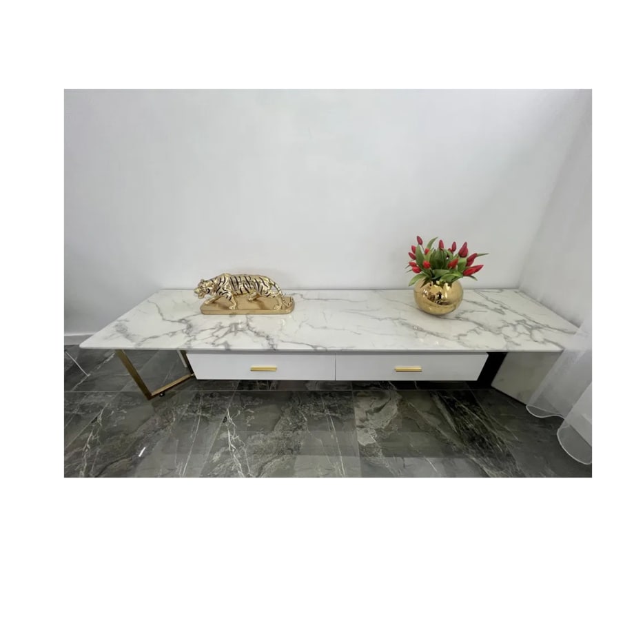 Szafka RTV złota Italiano Glamour Premium z blatem marmurowym 200x45x42