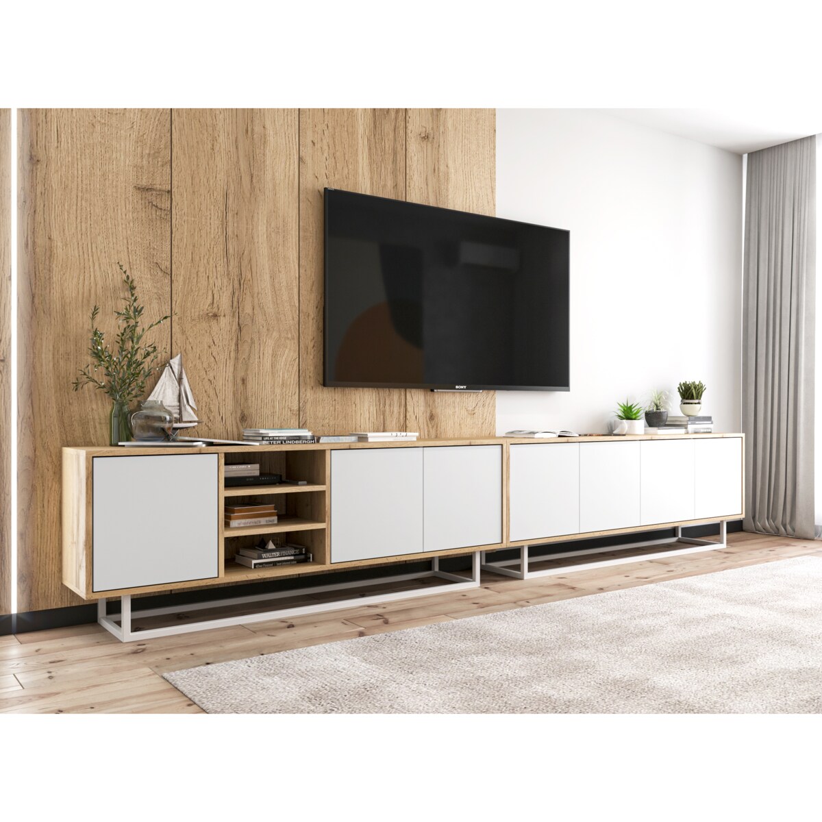 Industrialna Szafka RTV Loft Komoda RTV Dąb Wotan Biały MAT 150 cm