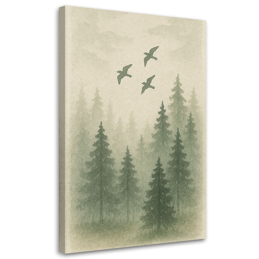 Feeby Obraz Japandi, Sosny Ptaki Las Akwarela Zielony Naturalny 60x90