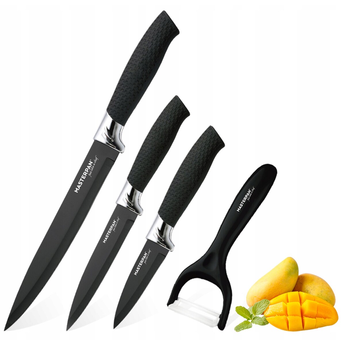 Zestaw Komplet Noży Kuchennych Czarne W Pudełku 4 El. Obieraczka Ostre