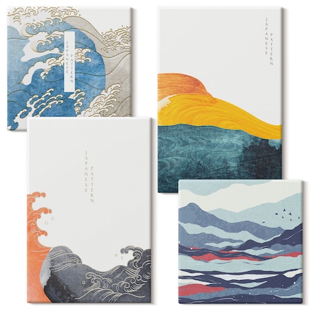 Zestaw 4 obrazów na płótnie - Fale sztuka japońska grafika - niebieski