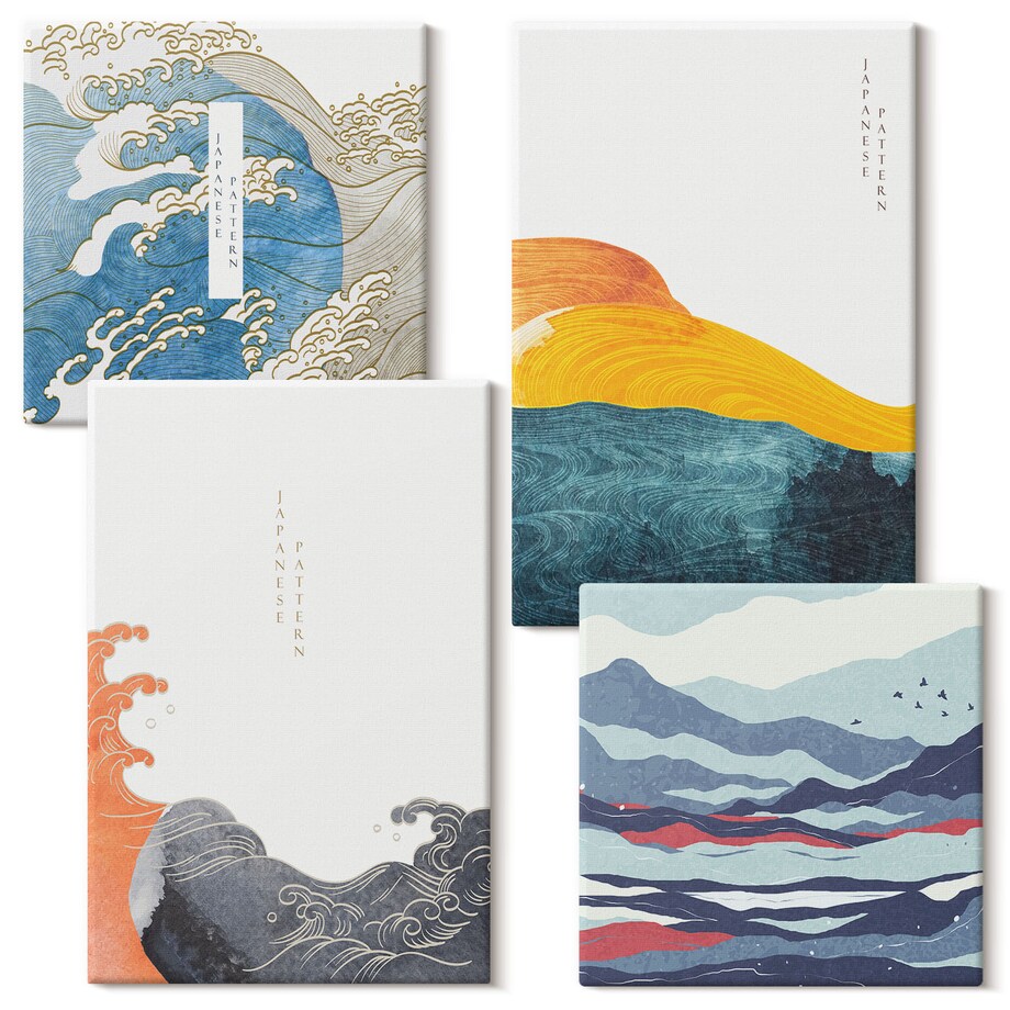 Zestaw 4 obrazów na płótnie - Fale sztuka japońska grafika - niebieski