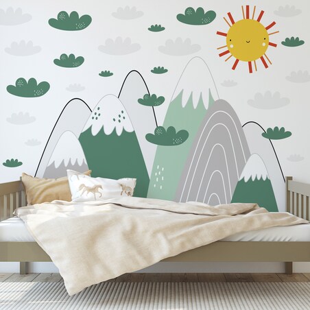 NAKLEJKI ŚCIENNE DLA DZIECI ZIELONE GÓRY CHMURKI ZESTAW STYL SKANDYNAWSKI
