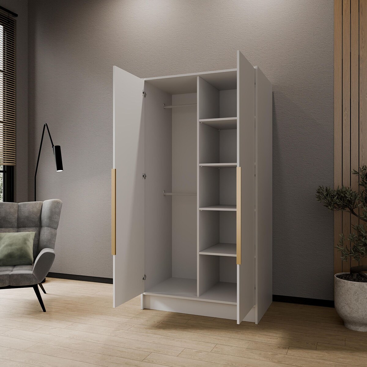 Szafa 100 gładka LUSO z lustrem i złotymi uchwytami, biała