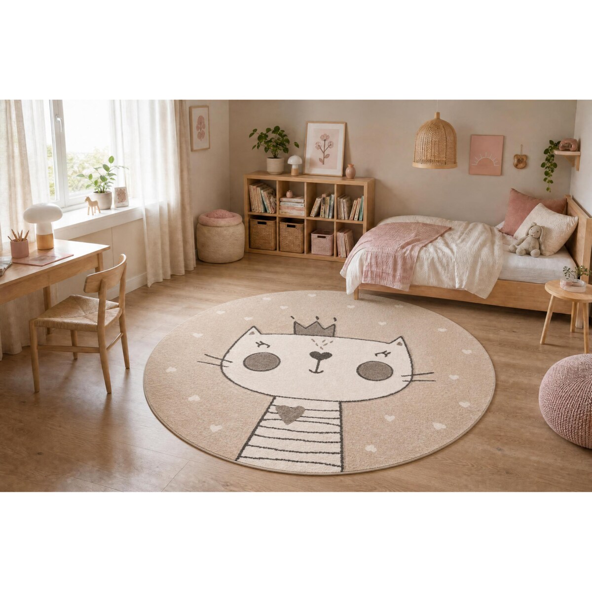 Dywan KIDDO 6106 koło krem kotek, korona dla koło 120 cm