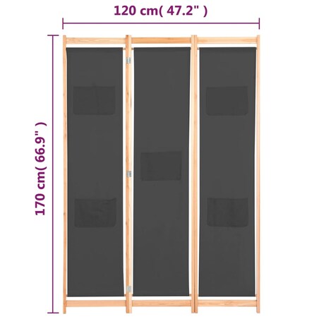 vidaXL Parawan 3-panelowy, szary, 120x170x4 cm, tkanina