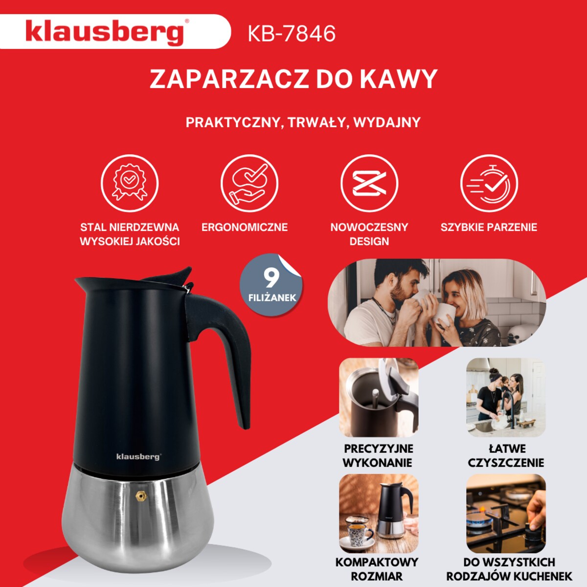Kawiarka espresso kafeterka ciśnieniowa KLAUSBERG 450ml 9 filiżanki