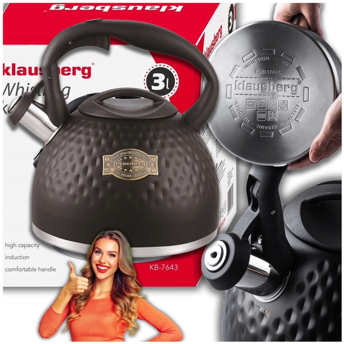 Czajnik stalowy z gwizdkiem 3.0L z grubym dnem czarny KLAUSBERG