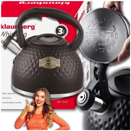 Czajnik stalowy z gwizdkiem 3.0L z grubym dnem czarny KLAUSBERG