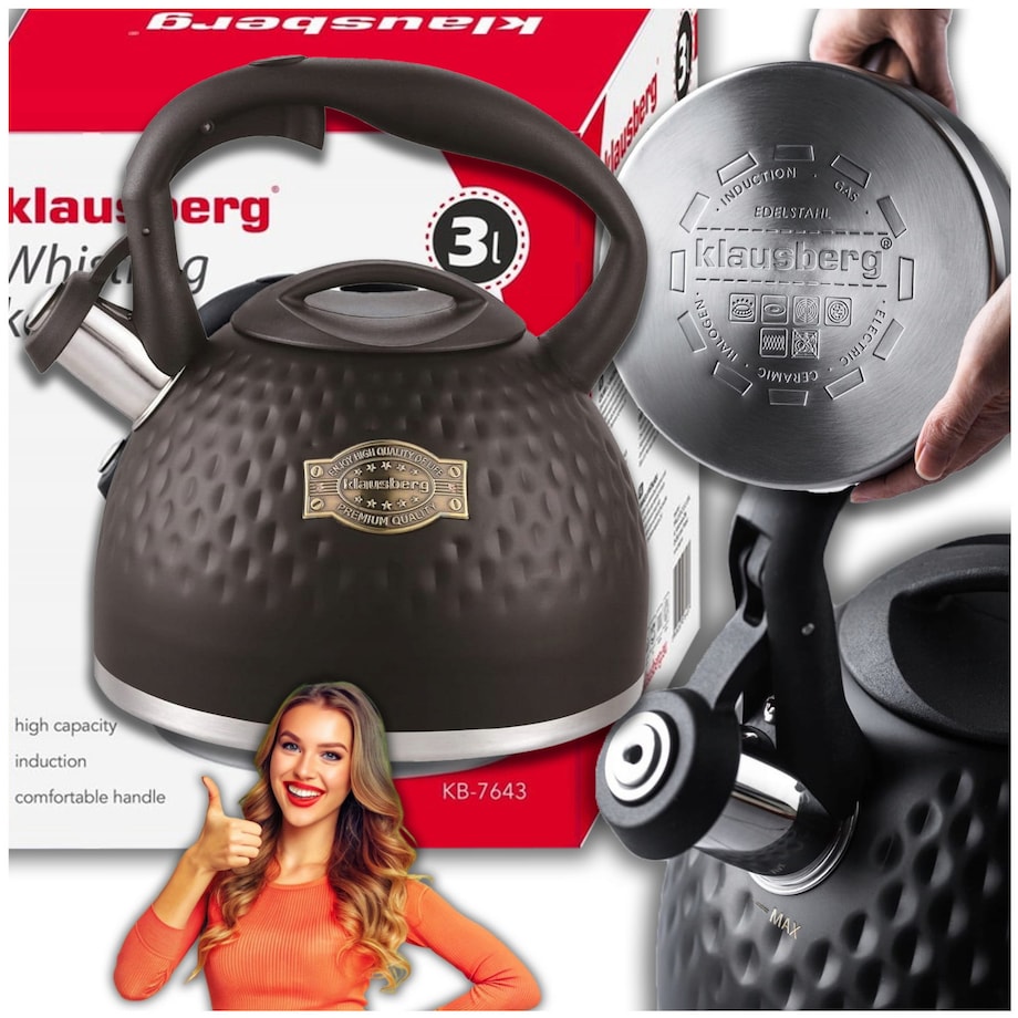 Czajnik stalowy z gwizdkiem 3.0L z grubym dnem czarny KLAUSBERG