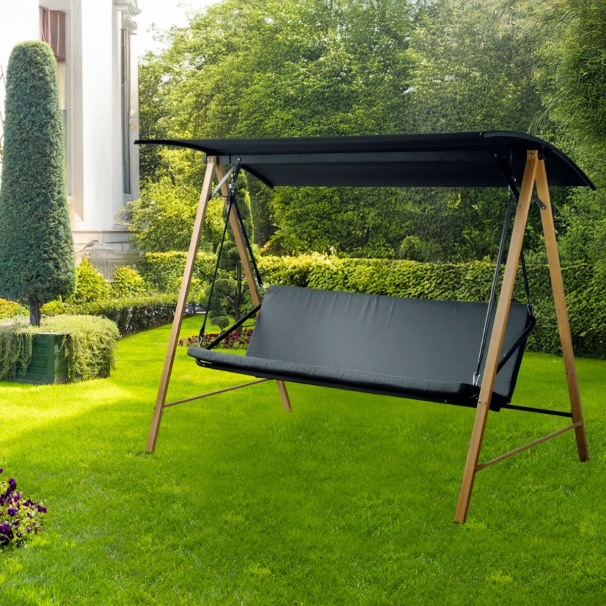 Huśtawka 3-osobowa z daszkiem i poduszkami bujana 223 cm duża do ogrodu