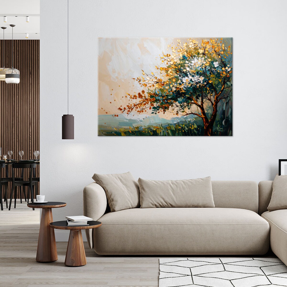 Obraz do salonu sypialni biura, Drzewo Liście Krajobraz w beżu 60x40