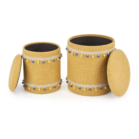 2 PUFY ZE SCHOWKIEM Eblis żółte z pomponami BOHO