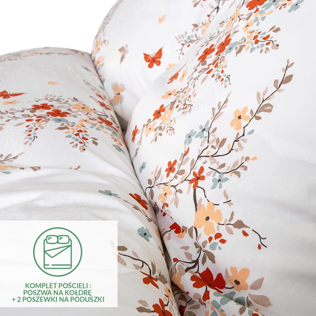 Pościel satyna bawełniana 200x220 Exclusive Ela biała w pomarańczowe kwiatki