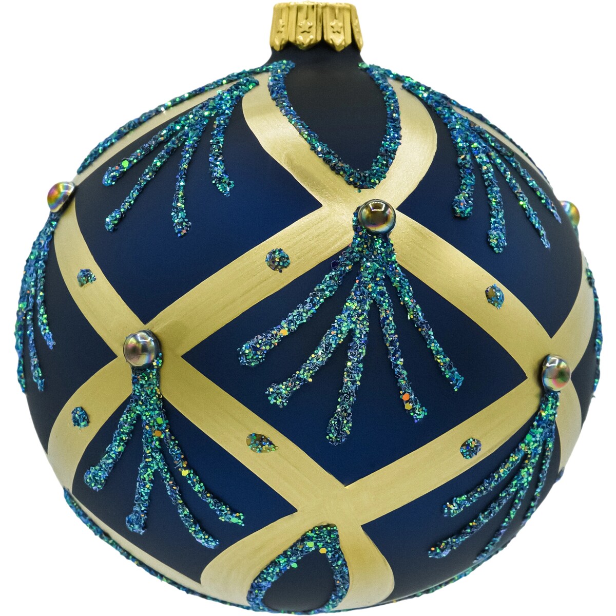 Bombka choinkowa: Okrągła ze złotymi pasami: granatowa