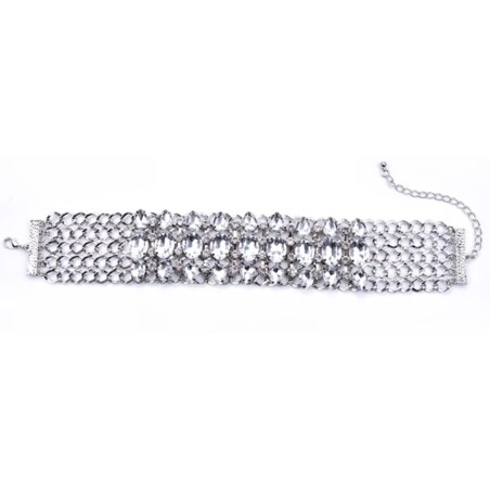 SREBRNY szeroki CHOKER ozdoby na szyję kolia z cyrkoniami elegancka