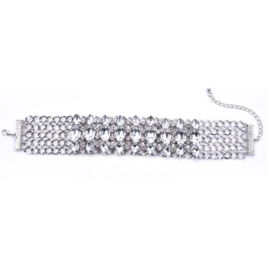 SREBRNY szeroki CHOKER ozdoby na szyję kolia z cyrkoniami elegancka