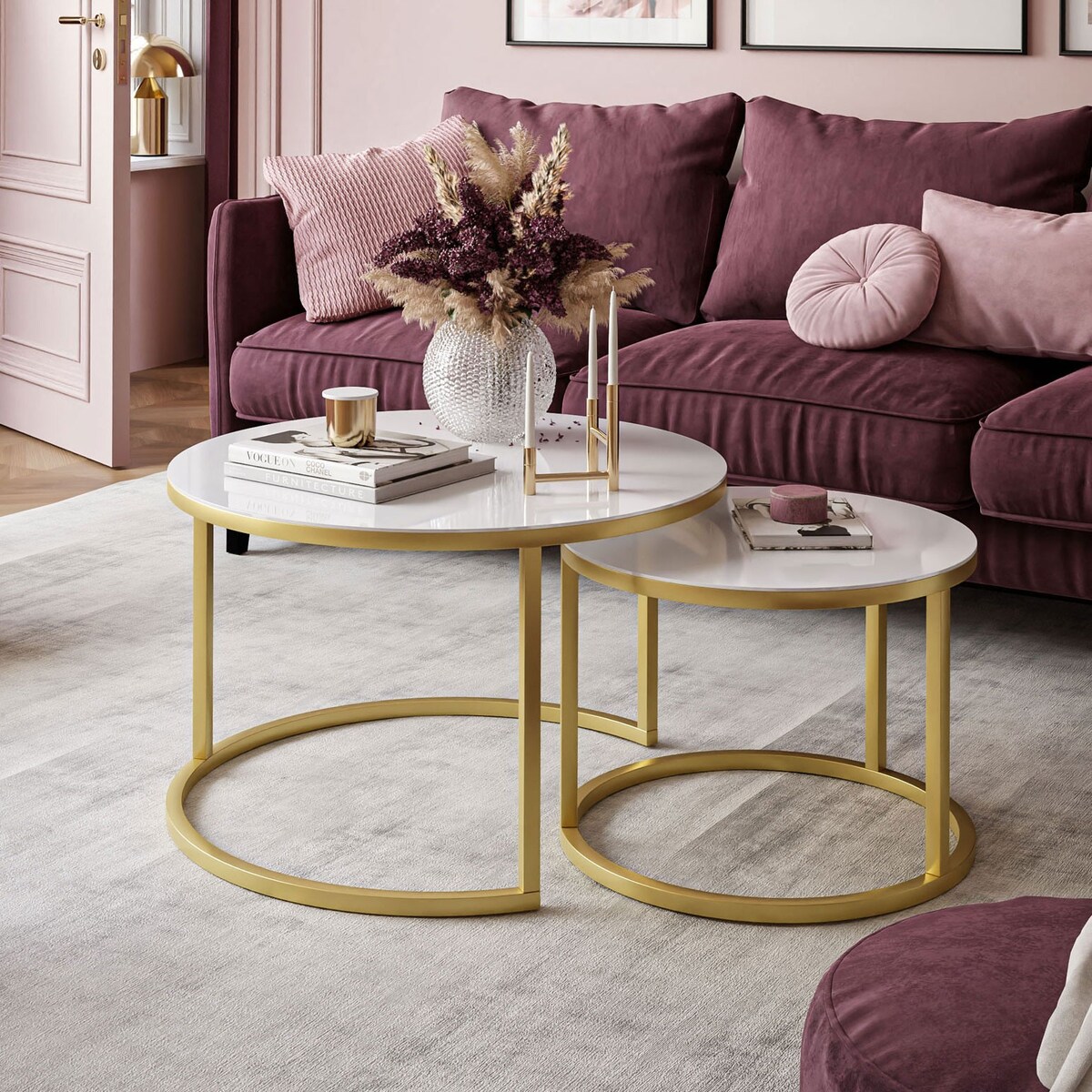 Okrągła ława 2w1 CIRI złoty mat białe szkło