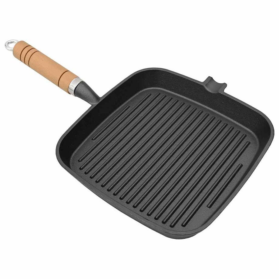 vidaXL Patelnia grillowa, żeliwna, z drewnianą rączką, 20 x 20 cm