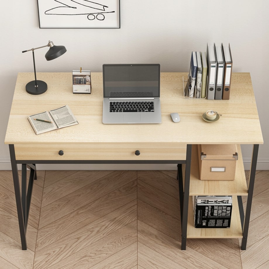 Biurko Komputerowe Loft Industrialne Szuflada Półki Jasny Dąb Skandynawski