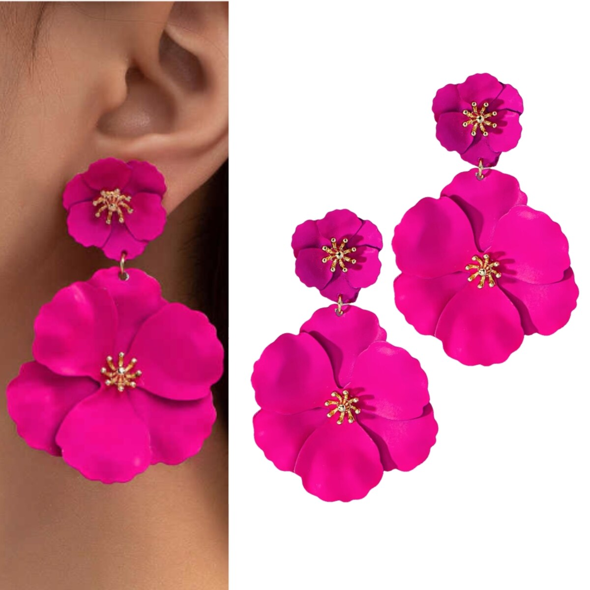 Kolczyki neonowe żywe kwiaty FUKSJA różowe wiszące długie złote ozdobne