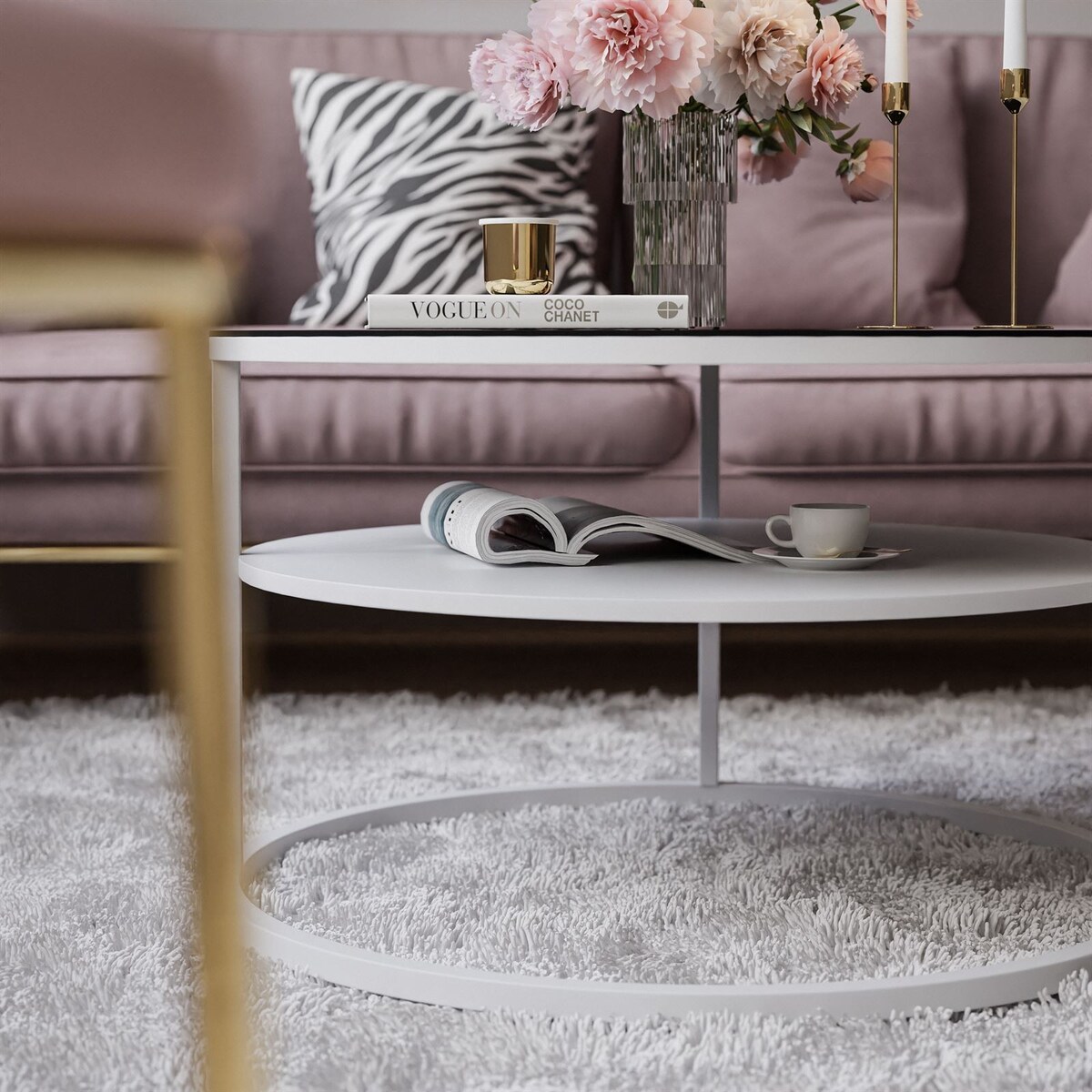 Stolik kawowy CIRI z półką biały czarne szkło