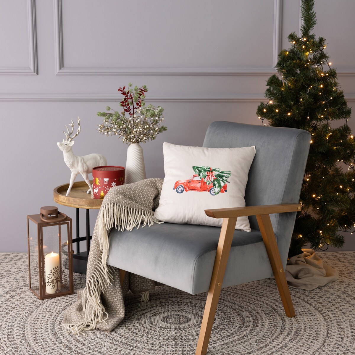 Poszewka na poduszkę Christmas Car 43x43 cm boże narodzenie, święta, świąteczne, biały-ecru-kremowy, 43x43 cm