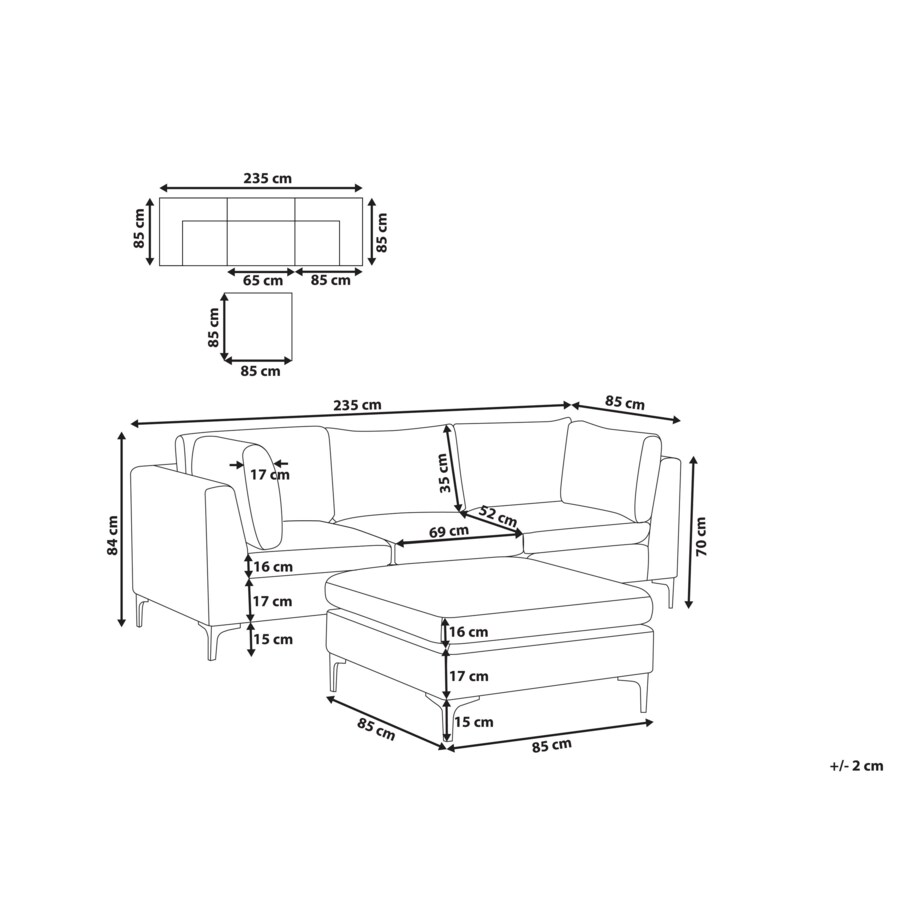 Sofa modułowa 3-osobowa z otomaną welurowa szara EVJA