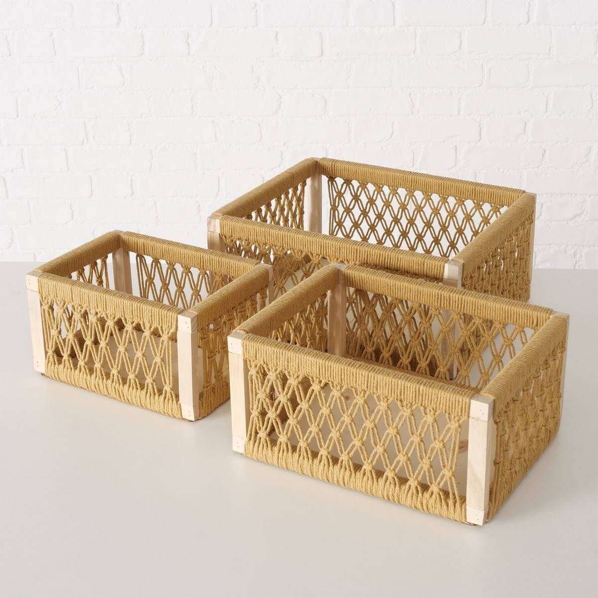Skrzynki drewniane Winny z dekoracyjną plecionką, 3 sztuki