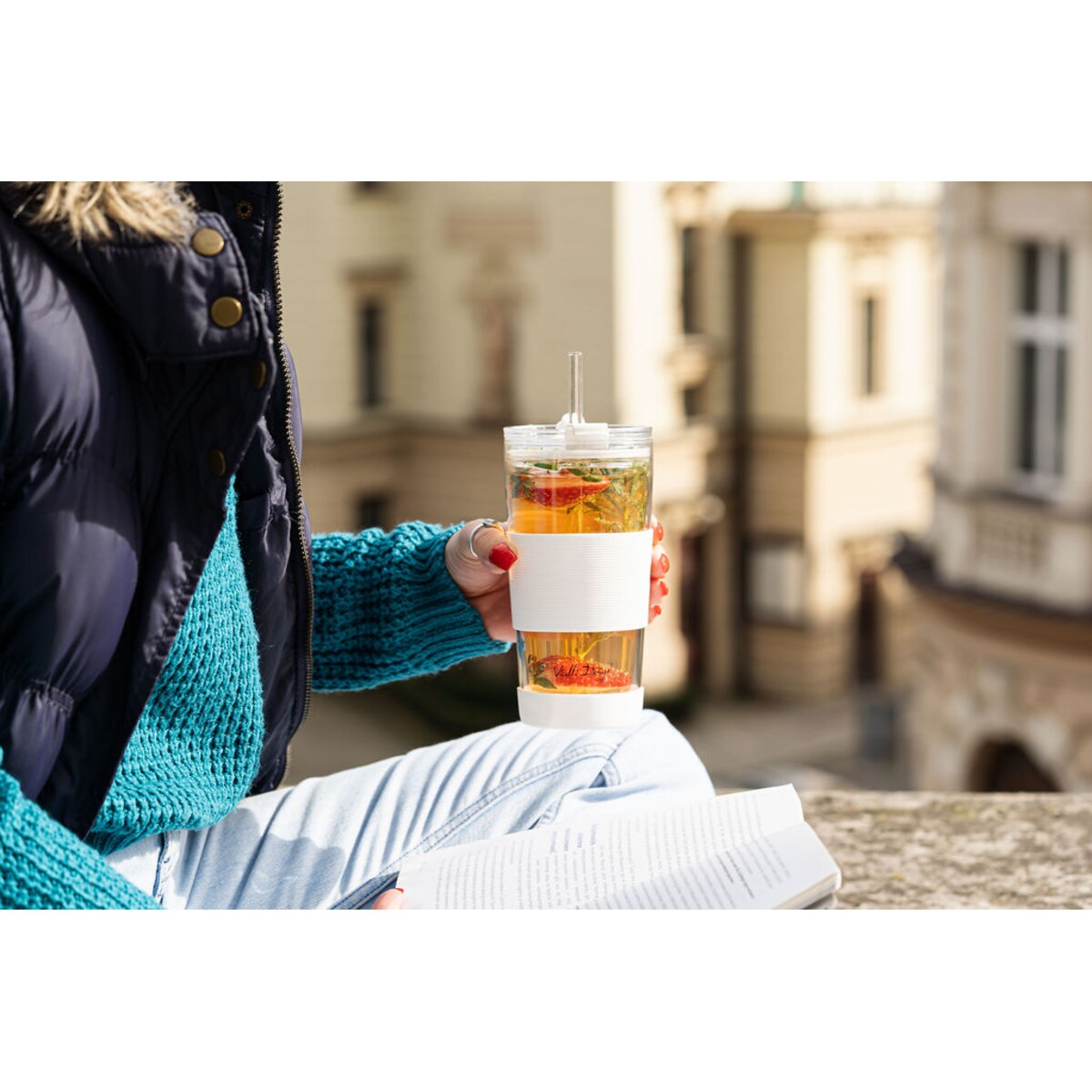 Kubek termiczny szklany ze słomką 600 ml biały Fuori 30404