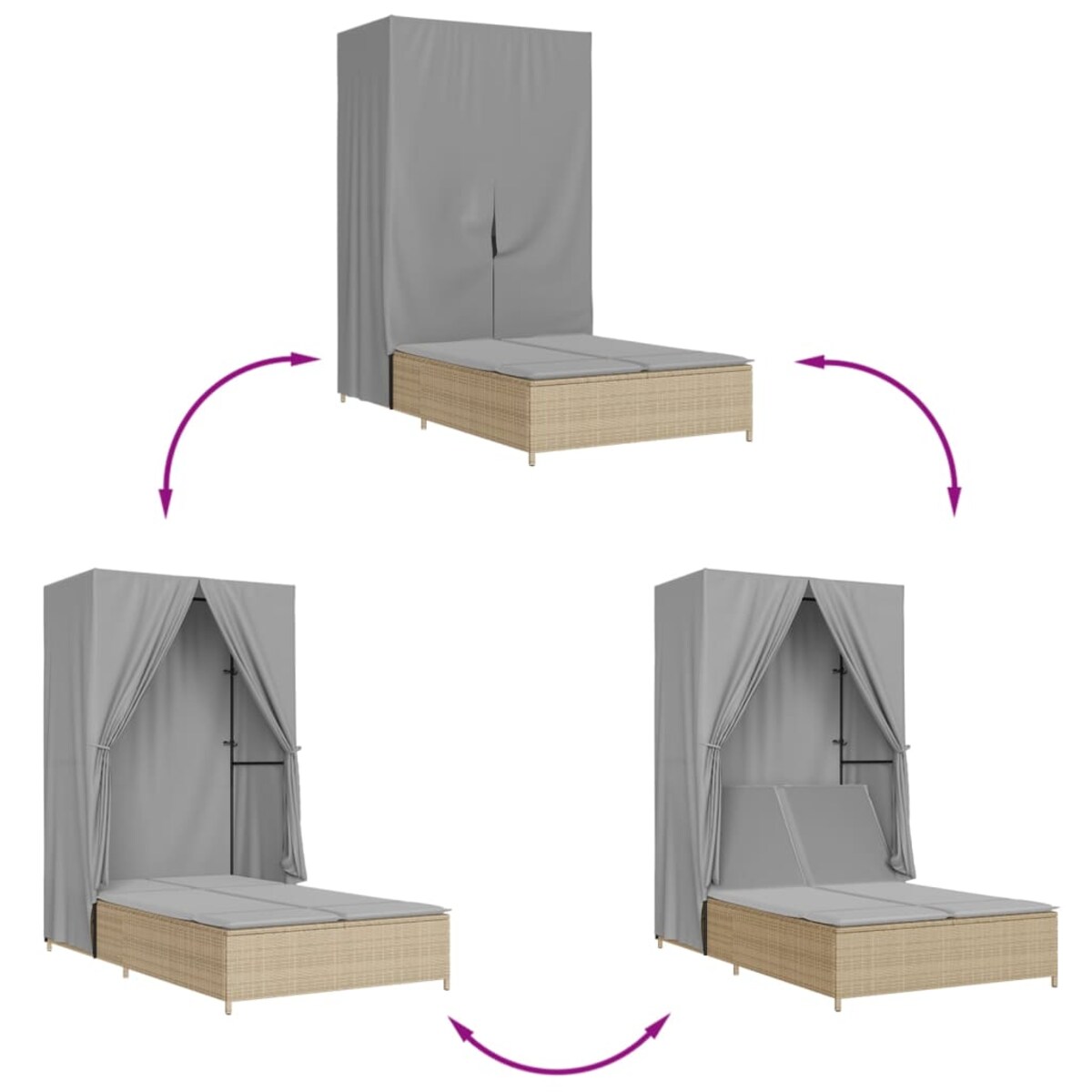vidaXL Podwójna leżanka z daszkiem i zasłonami, beżowy polirattan