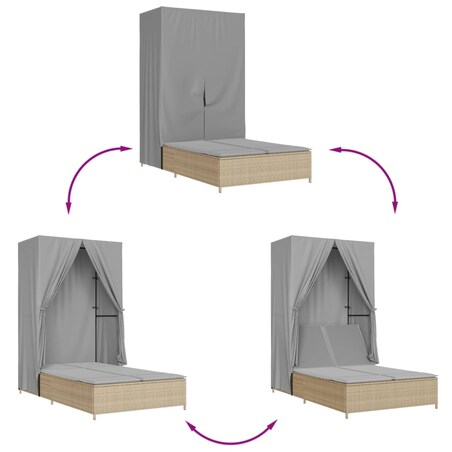 vidaXL Podwójna leżanka z daszkiem i zasłonami, beżowy polirattan