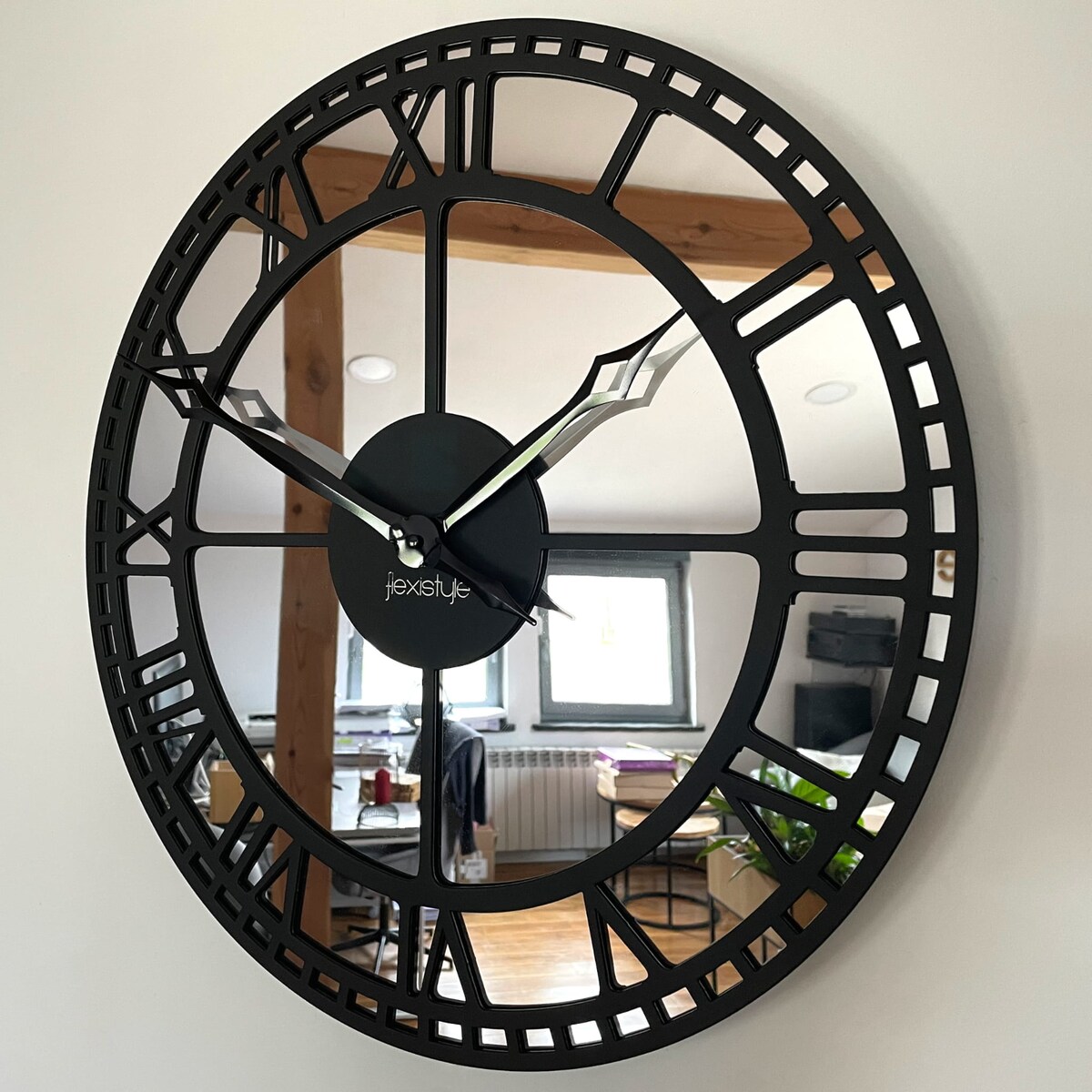 Metalowy zegar ścienny czarny lustro 50cm