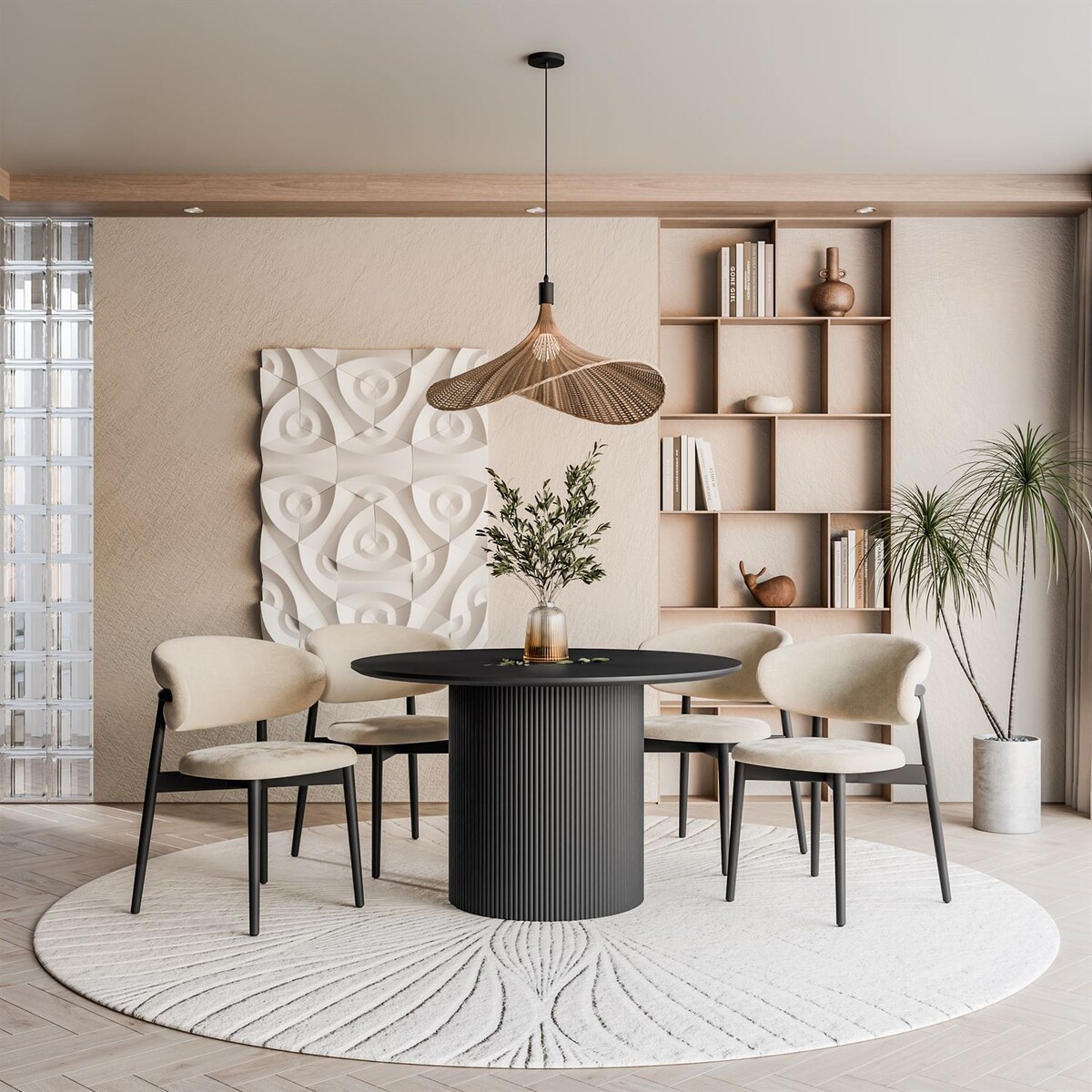 Okrągły stół do jadalni OVI z ryflowaną podstawą, czarny