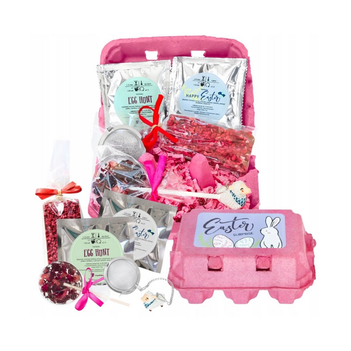 ORYGINALNA PACZKA NA WIELKANOC ZAJĄCZKA - ZESTAW PREZENTOWY HERBATA LIZAK MALINA CZEKOLADKA ZAPARZACZ - PREZENT UPOMINEK DLA KOBIETY FACETA