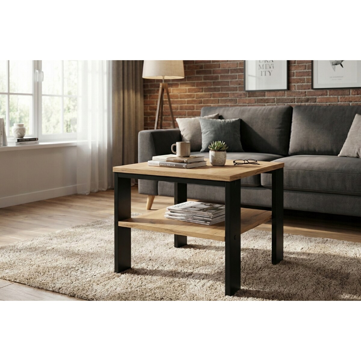 Stolik Kawowy Ława Loft Industrialny Dąb Złoty Craft Czarny Stelaż Półka