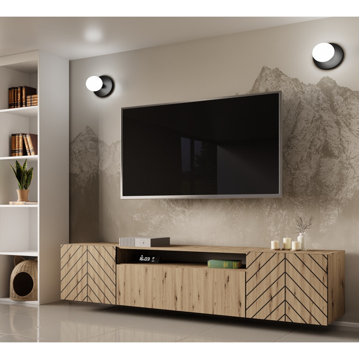 Szafka RTV IGO 200 cm wisząca, do salonu, wzór jodełka- artisan