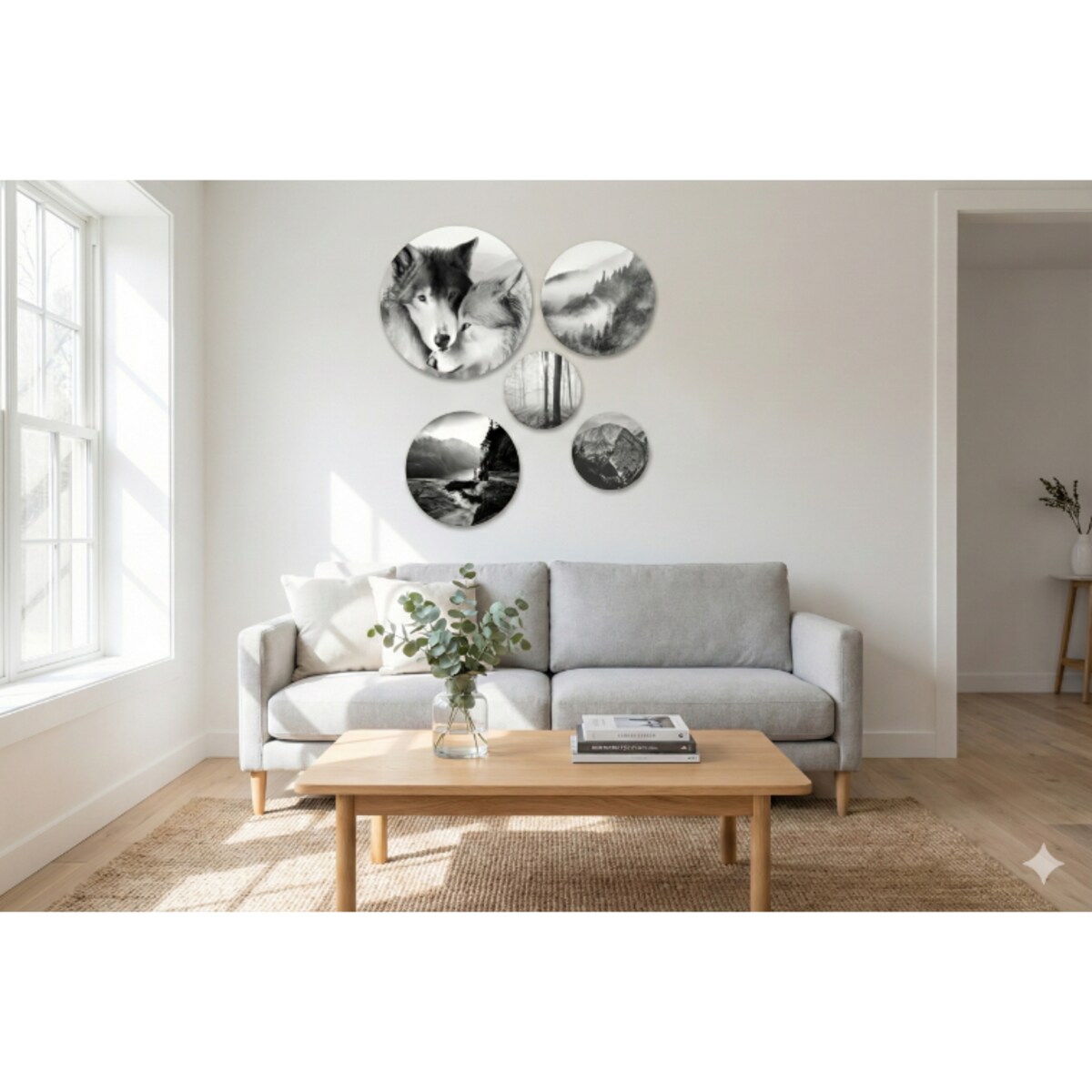 Czarno-białe Obrazy na ścianę Las wilki Okrągłe do sypialni pokoju salonu